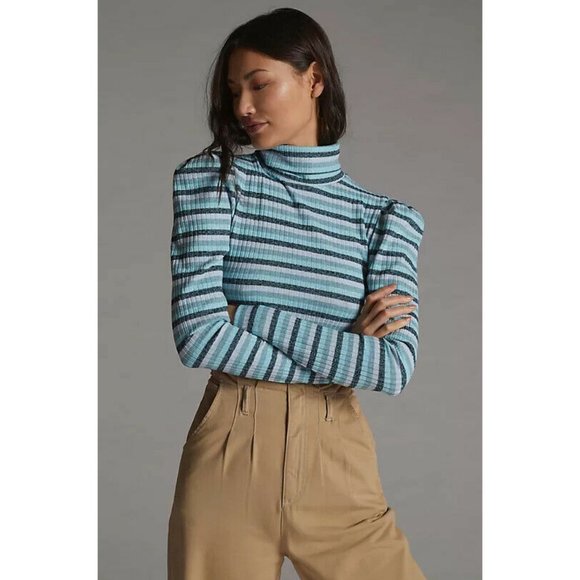 Anthropologie Maeve Puff-Sleeved Striped Turtleneck Top XL - Picture 3 of 9